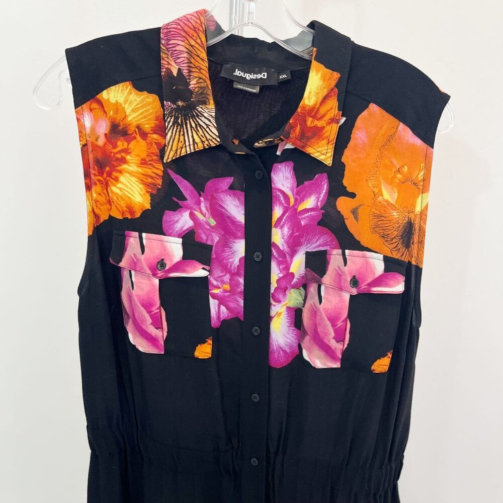 Desigual Black Floral Button Front Midi Dress Artsy Art to Wear - Size XXL - Picture 3 of 6